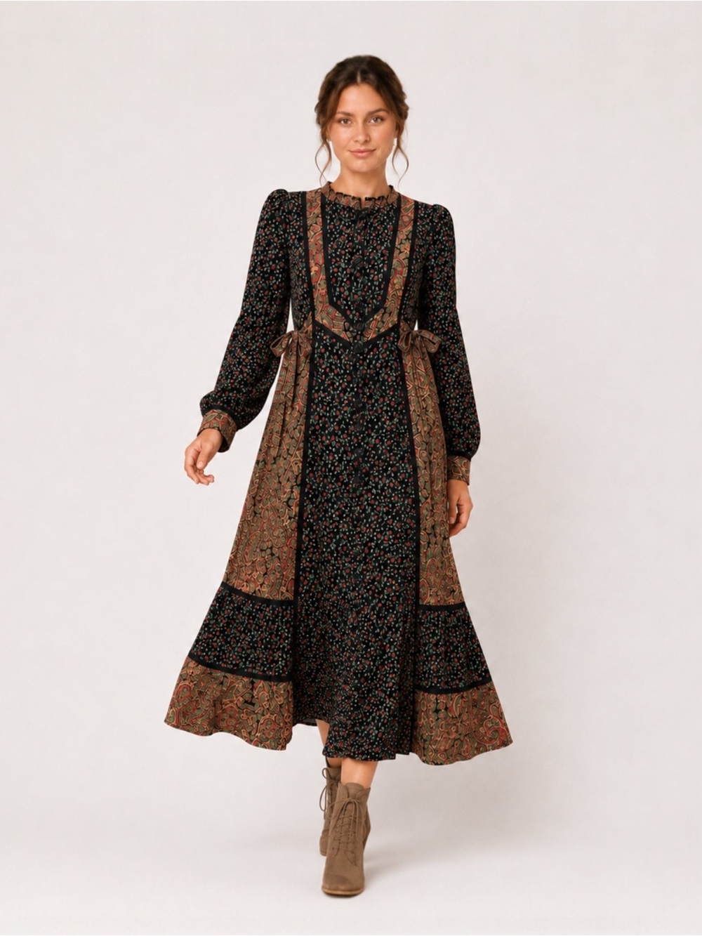 Vintage Ragtime Prairie Midi Dress S Black Floral Paisley Boho Cottagecore